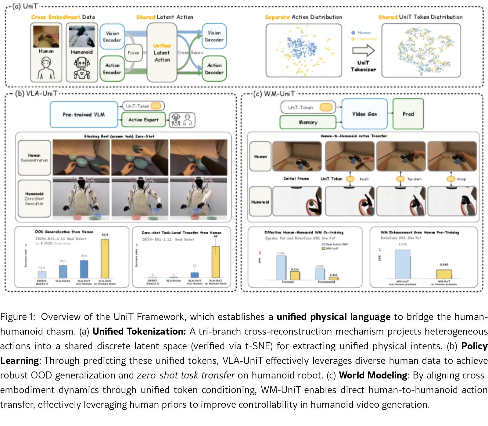 UniT: Toward a Unified Physical Language for Human-to-Humanoid Policy Learning and World Modeling